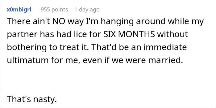 Comment on a forum discussing a partner refusing lice treatment for six months and the need for an ultimatum to resolve it.