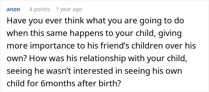 Screenshot of a forum comment discussing a friend sabotaging a marriage and ignoring his own child after birth.