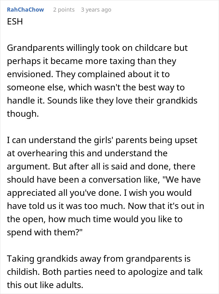 Comment discussing grandparents&rsquo; true feelings about babysitting and the dad&rsquo;s decision to stop it after overhearing.
