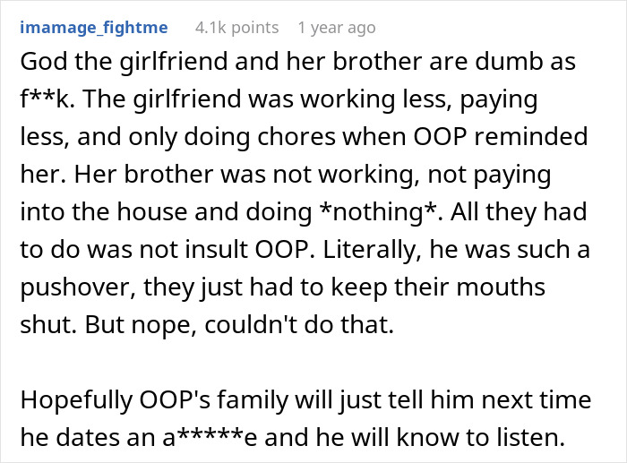 Text post discussing a lazy brother-in-law unable to handle a one-armed guy using a knife while mum cuts vegetables.