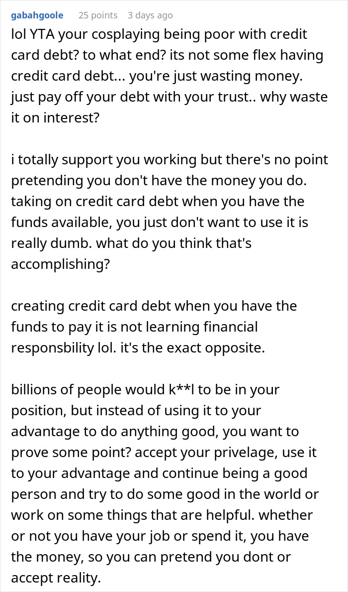 Screenshot of online comment criticizing a woman who grew up wealthy for failing to read the room and losing friends over privilege misuse.