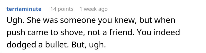 Comment text expressing frustration about a bride&rsquo;s obsession with control costing her two close friendships before the wedding.