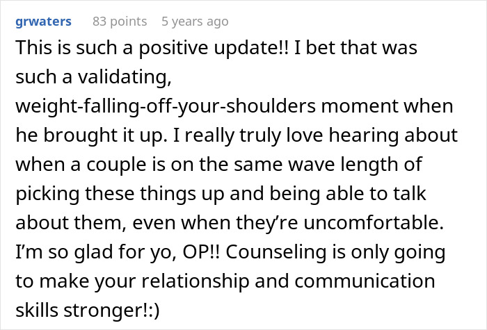 Comment on social media post discussing counseling strengthening relationships and communication skills after conflict with SIL calling pregnant woman a beached whale.