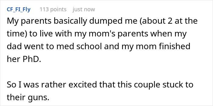 Comment sharing a personal story about grandparents kicking young family out for refusing to leave toddler behind during medical school.