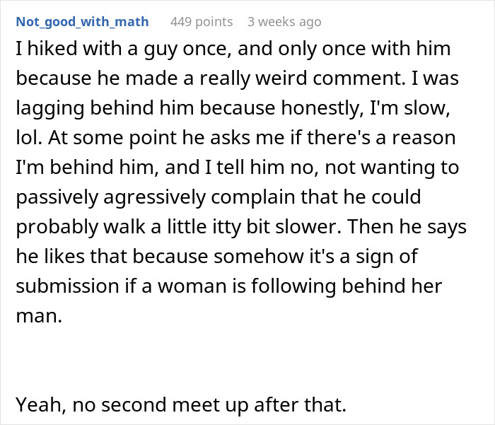 Reddit user shares experience about men abandoning partners during outdoor activities, revealing gender dynamics in hiking.