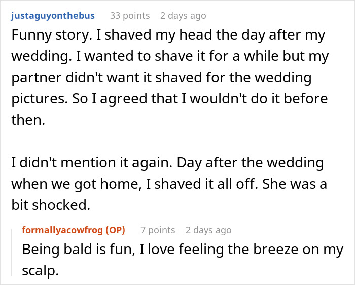 Reddit post about woman buzzing her hair after friend's wedding and others assuming she was forced to grow it out.