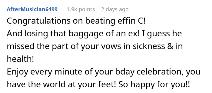 Screenshot of a social media comment celebrating overcoming an ex and appreciating vows during hard times. Screenshot of a social media comment celebrating overcoming an ex and appreciating vows during hard times.