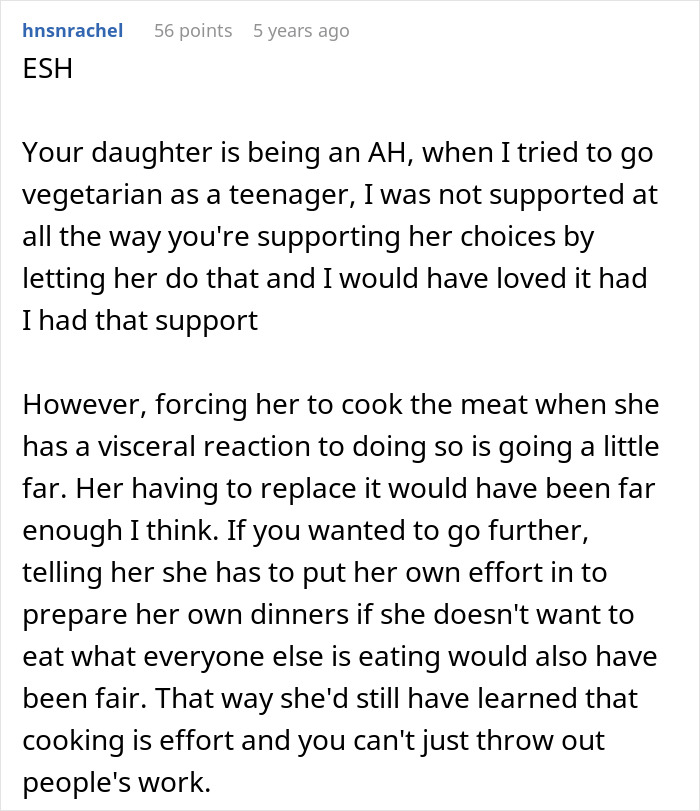 Comment discussing a vegan teen being forced to cook meat to teach a lesson about wasting food and family support.