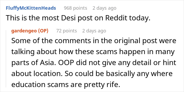 Reddit comments discussing education scams in Asia and a jobless 36-year-old competing with her PhD cousin.