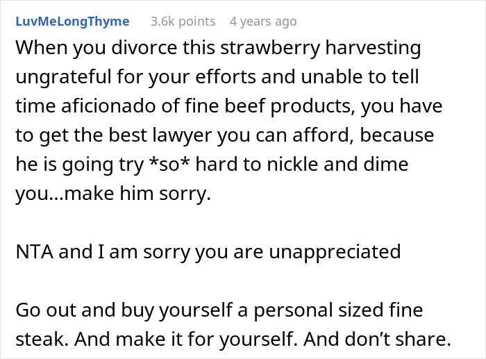 Text post discussing refusing to pay a husband for burnt steak cooked, emphasizing self-care and appreciation.