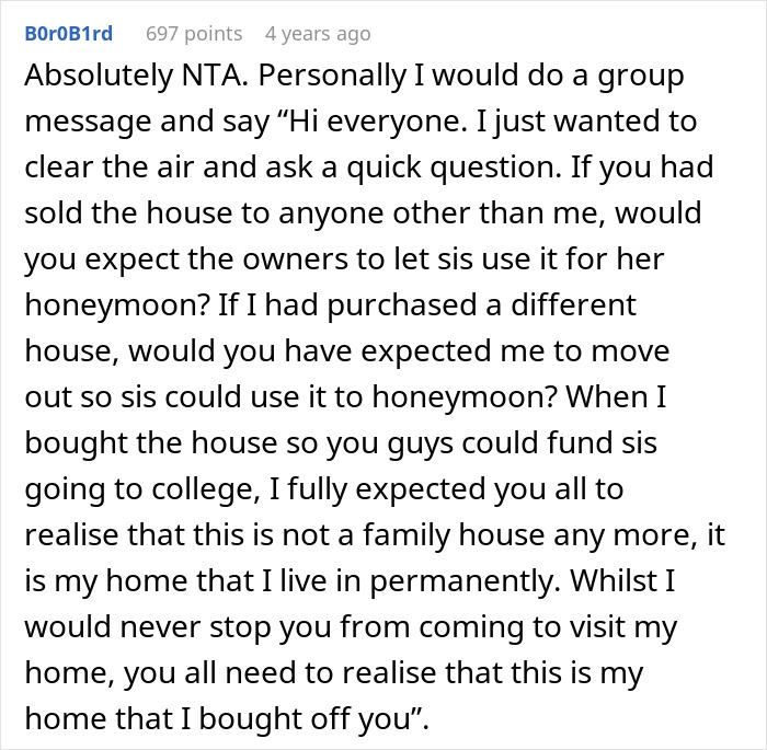 Reddit comment discussing bride’s sibling refusing honeymoon house use, highlighting uninvited to wedding and harsh reality check. Reddit comment discussing bride’s sibling refusing honeymoon house use, highlighting uninvited to wedding and harsh reality check.