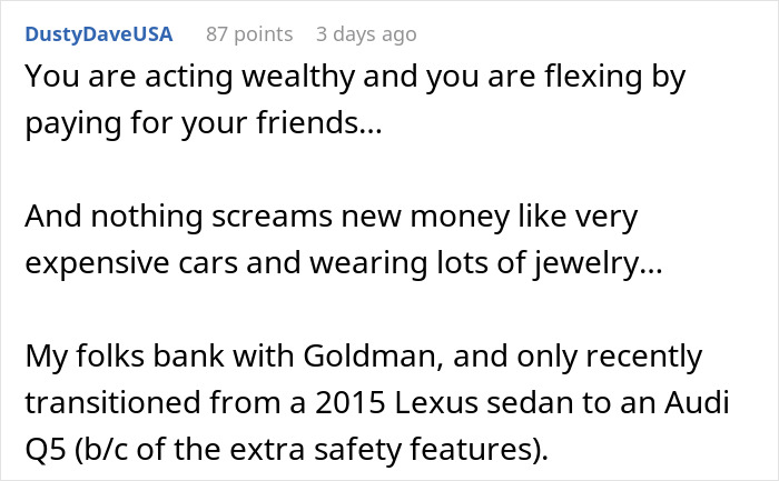 Comment discussing wealthy behavior and privilege, including mentions of luxury cars and family banking choices.