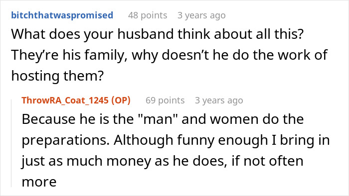 Screenshot of a Reddit conversation discussing a husband’s role in family dynamics and preparations. Screenshot of a Reddit conversation discussing a husband’s role in family dynamics and preparations.