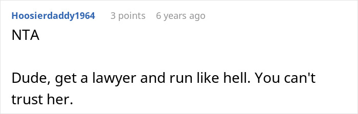 Screenshot of a Reddit comment advising a man to get a lawyer and not trust his wife after discovering secrets about her kids&rsquo; father.