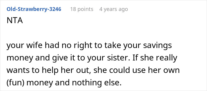 Screenshot of a Reddit comment discussing a man discovering his wife sent $2K to sister&rsquo;s pyramid scheme.
