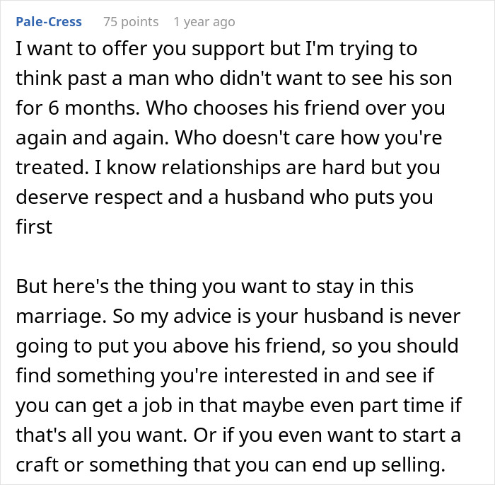 Text comment about a man favoring his friend over his wife, highlighting relationship struggles and advice on respect and priorities.