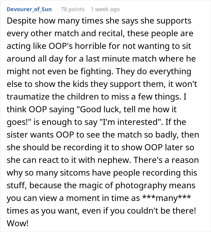 Comment discussing a lady skipping nephew&rsquo;s uncertain boxing match for her dogs, causing sister&rsquo;s anger and rage online.