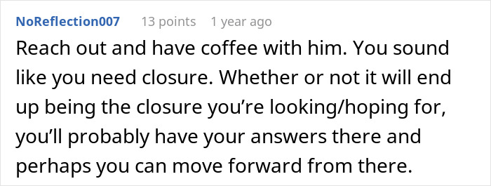 Screenshot of a Reddit comment discussing closure in a heartfelt love story about reconnecting with an ex.