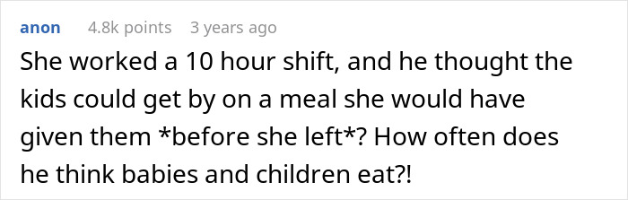 Screenshot of a comment discussing a 10-hour shift mom returning to a messy home with a screaming baby and panicking son.