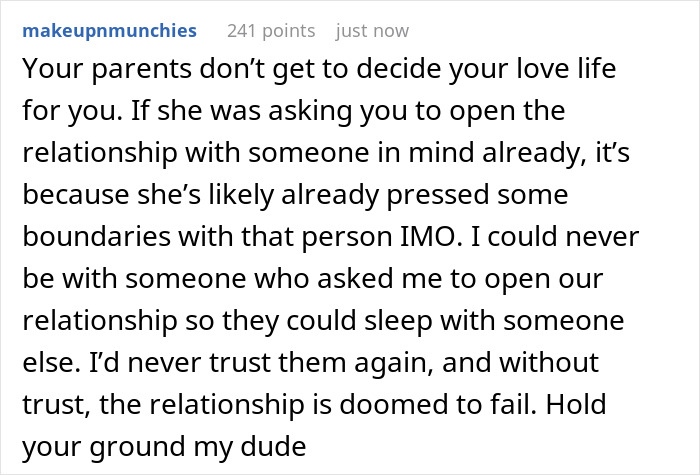 Comment discussing relationship boundaries and trust after girl wants open relationship, with parents turning against guy.