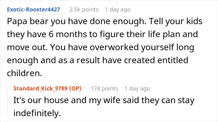 Reddit conversation about adult kids lacking luxury cars and an exhausted husband advising to get a job.