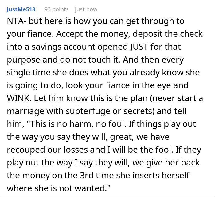 Comment discussing bride's refusal of MIL's $25K wedding gift and debate on whether it&rsquo;s an olive branch or trap.