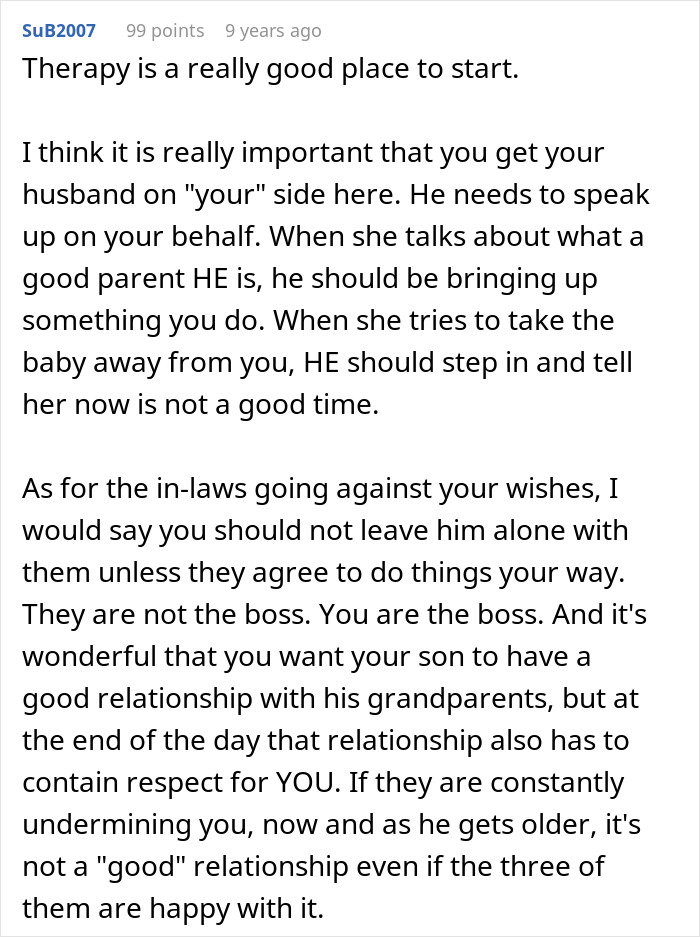 Comment advising new mom to get husband&rsquo;s support to handle anxiety from in-laws visits and set boundaries with family.