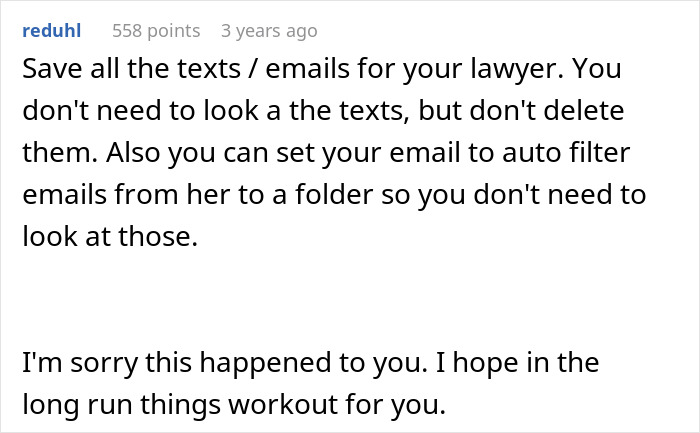 Reddit comment advising to save texts and emails for lawyer after woman admits to cheating multiple times for variety.