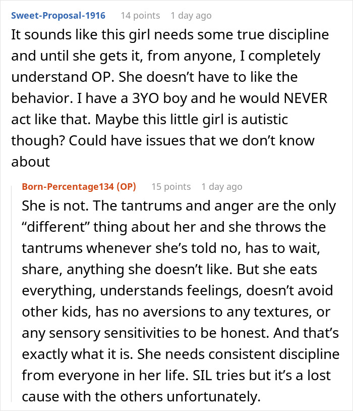 Comments discussing a violent niece&rsquo;s tantrums and need for consistent discipline from family members to address her behavior.