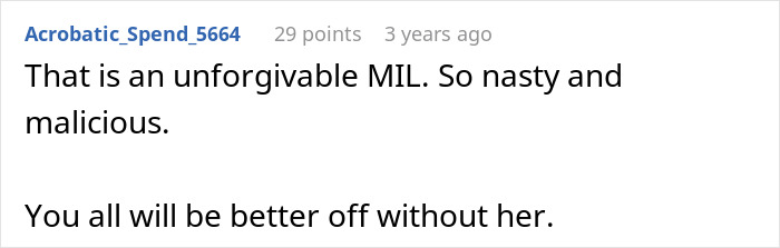 Screenshot of a forum comment calling a MIL unforgivable after secretly DNA testing grandkid, describing her as nasty and malicious.