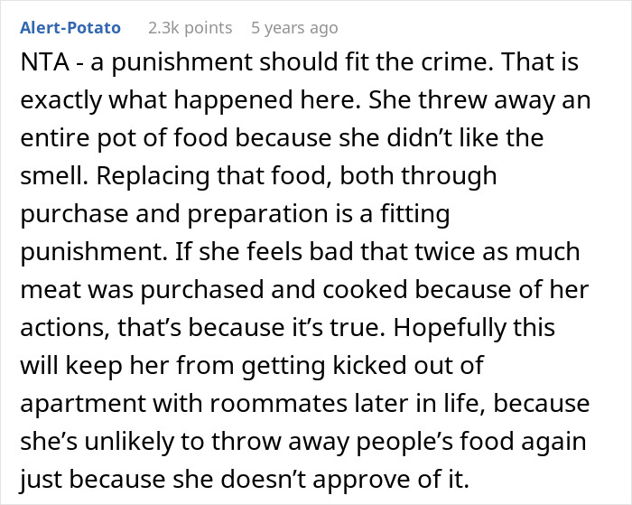 Comment explaining vegan teen punished by mom to cook meat to prevent food waste after tossing food.