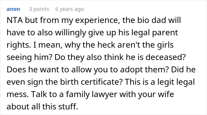 Comment discussing legal challenges in refusing to adopt wife&rsquo;s kids after discovering hidden information about their father.