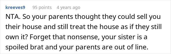Comment on Reddit discussing family conflict about a sibling’s house and expectations during honeymoon struggles. Comment on Reddit discussing family conflict about a sibling’s house and expectations during honeymoon struggles.