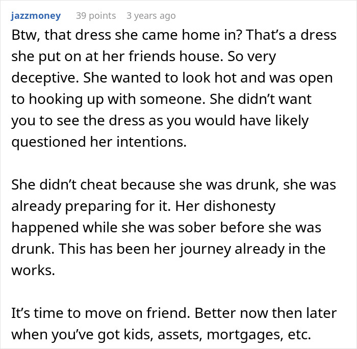 Alt text:
Reddit comment discussing woman admitting to cheating multiple times for variety and husband revealing everything then leaving