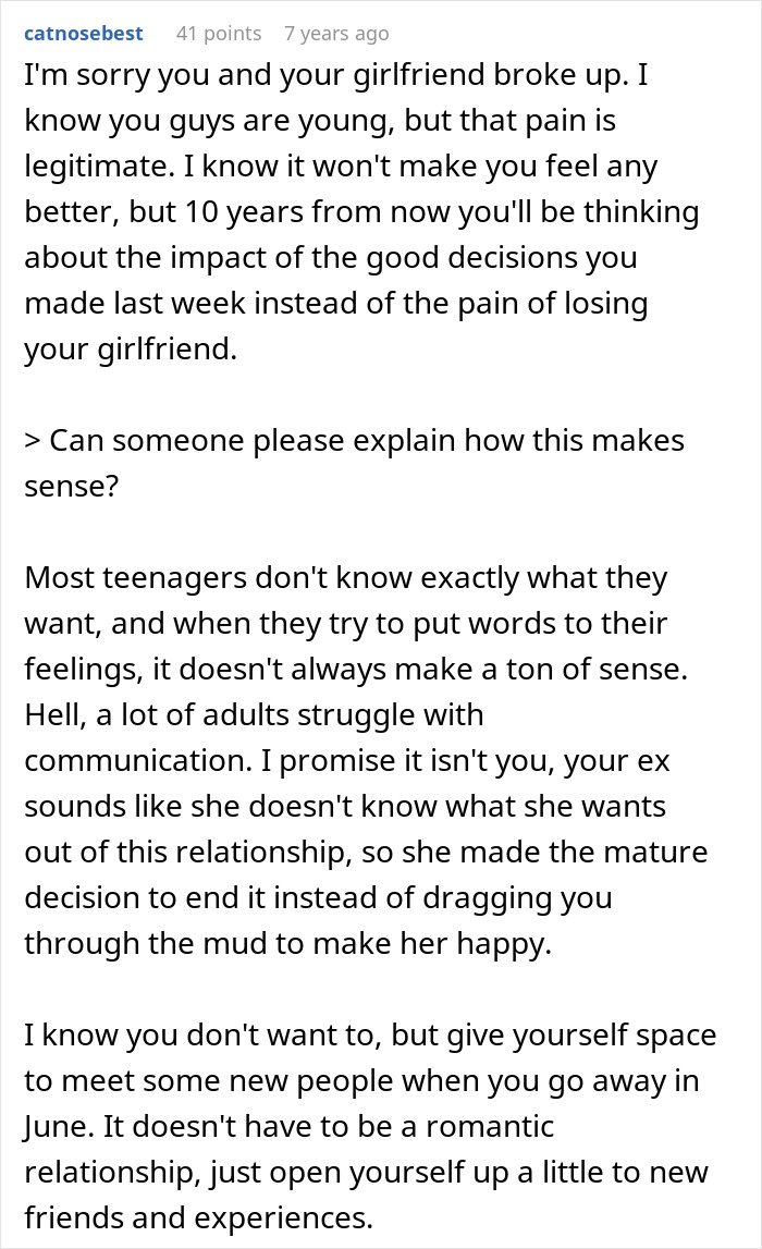 Commenter advising a teenager to focus on good decisions and not let teenage love ruin their future.