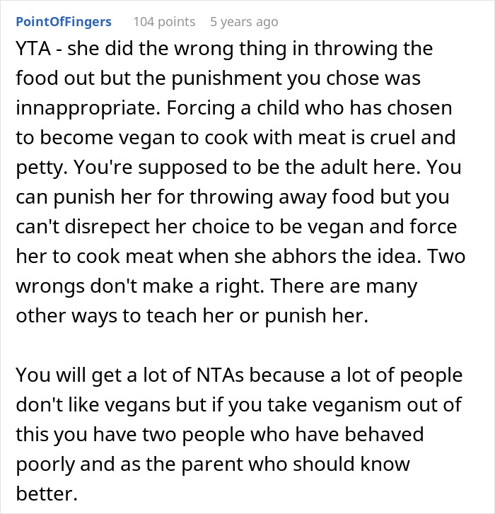 Comment criticizing mom for making vegan teen cook meat as punishment, highlighting cruelty and disrespect for vegan choice.