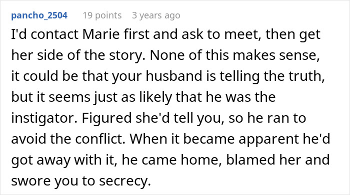 Screenshot of a forum comment discussing a woman's innocent goofy joke revealing her husband as a horrible cheating jerk.