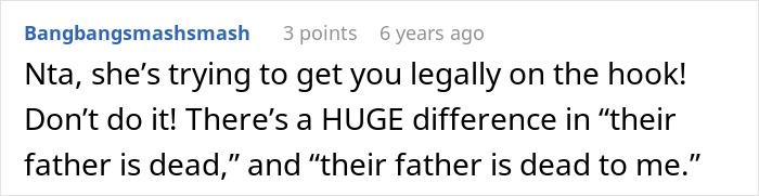 Screenshot of a forum comment discussing a man refusing to adopt his wife&rsquo;s kids after uncovering secrets about their father.