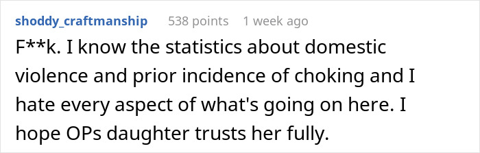 Screenshot of a Reddit comment discussing domestic violence and a woman refusing to let her daughter near her brother-in-law. Screenshot of a Reddit comment discussing domestic violence and a woman refusing to let her daughter near her brother-in-law.