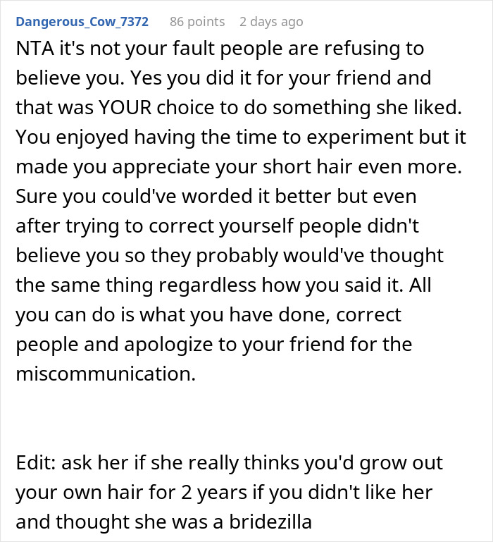 Reddit comment discussing woman buzzing her hair after friend&rsquo;s wedding and misconceptions about growing it out.