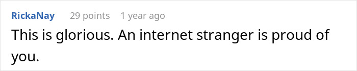 Text comment on a dark background expressing pride and support from an internet stranger.