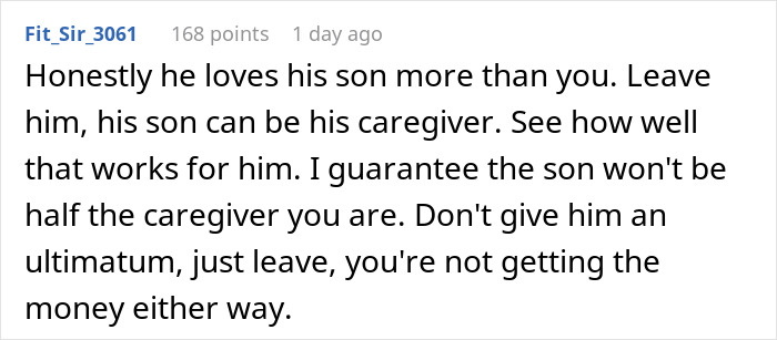 Comment about husband lying about inheritance and leaving wife who cares for him with nothing in a Reddit thread.