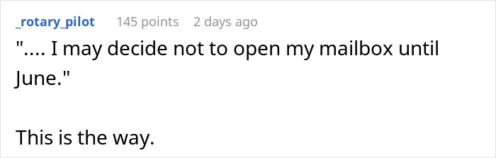 Screenshot of a Reddit comment about deciding not to open mailbox until June related to misdelivered wedding invites.