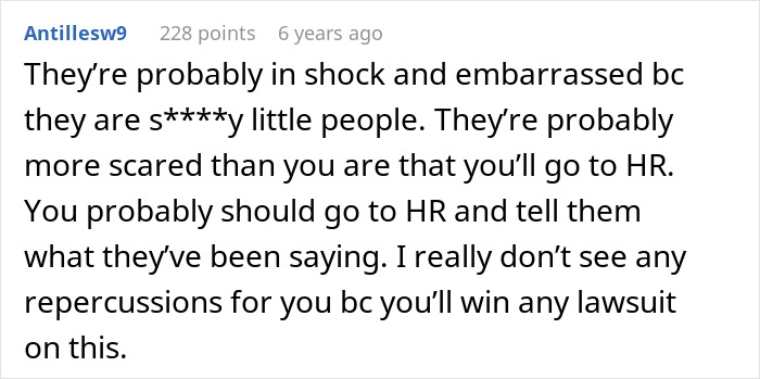 Alt text: Comment discussing a cancer survivor lifting her shirt at work to silence rumors and facing new fears afterward.