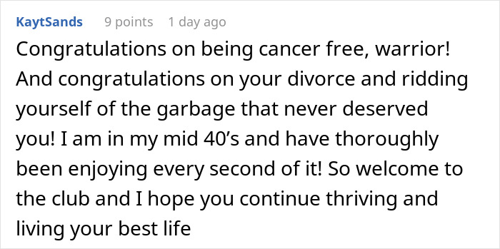 Text comment congratulating someone on being cancer free and their divorce, embracing a new positive life chapter. Text comment congratulating someone on being cancer free and their divorce, embracing a new positive life chapter.
