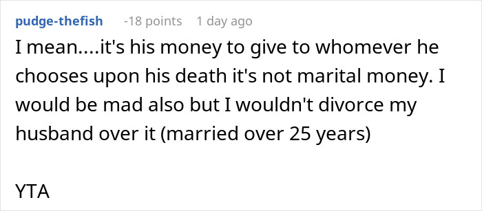 Screenshot of an online comment discussing a husband lying about inheritance and leaving his wife with nothing.