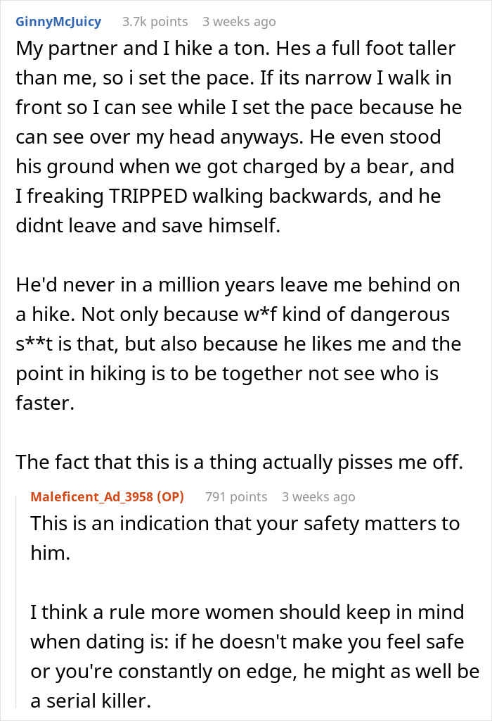 Conversation discussing men abandoning their partners during outdoor activities and hiking safety concerns.