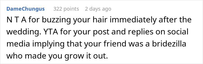 Screenshot of a social media comment discussing a woman buzzing her hair after a friend&rsquo;s wedding and rumors about growing it out.