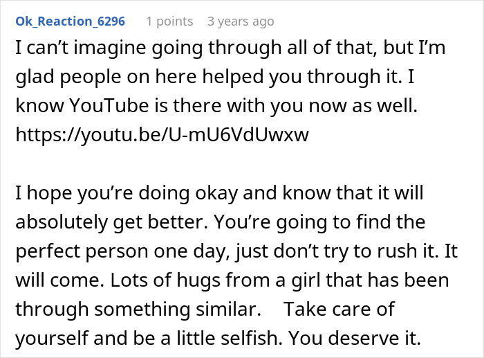 Screenshot of a heartfelt Reddit comment offering support to someone dealing with a horrible cheating jerk husband.