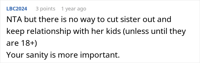 Screenshot of a Reddit comment discussing cutting contact with family to protect sanity amid niblings being brainwashed to hate.